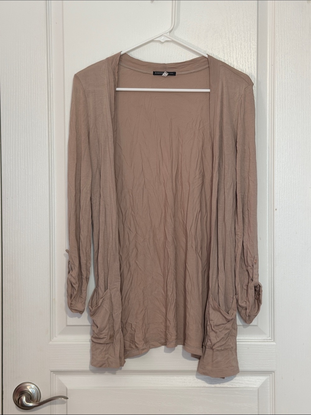 Women's Open-Front Lightweight Taupe Cardigan with Rolled-Sleeve Detail